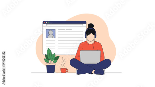 Woman wearing headphones sits cross-legged, working on a laptop with a profile page in the background, symbolizing remote work, online learning, and digital freelancing.