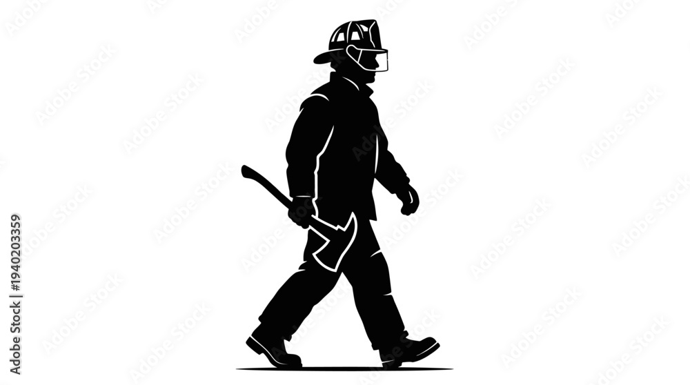 Obraz premium Firefighter walking with axe in hand wearing protective gear