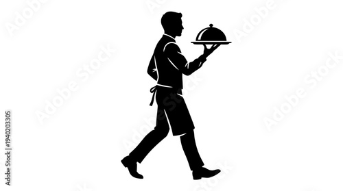 Waiter carrying food tray with covered dish