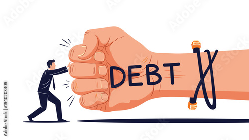 Small businessman struggles to push against a giant fist labeled "DEBT", symbolizing the overwhelming burden of financial debt and struggle.