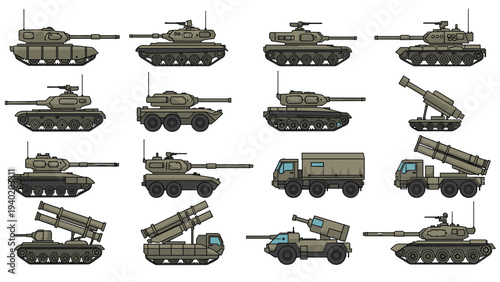 Extensive collection of various pixel art military vehicles, including tanks and missile launchers, ideal for retro gaming and strategy themes.