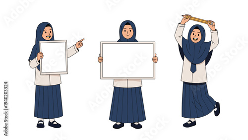 Three cartoon illustrations of a Muslim schoolgirl in hijab, holding blank white boards and a giant pencil, ideal for educational presentations or messages.