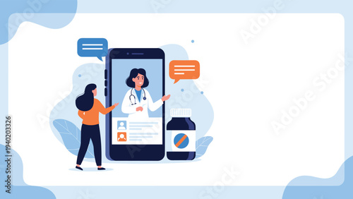 Woman consults with a female doctor online via a smartphone, with a medicine bottle nearby, symbolizing telehealth and remote medical assistance.