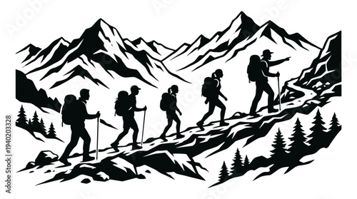 Hikers climbing mountain trail with backpacks and trekking poles