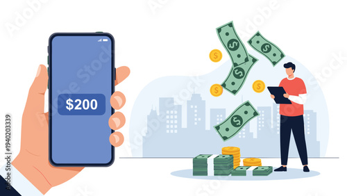 Hand holds a smartphone displaying "$200" while a man gathers flying money, symbolizing mobile payment, digital earnings, and financial transactions.