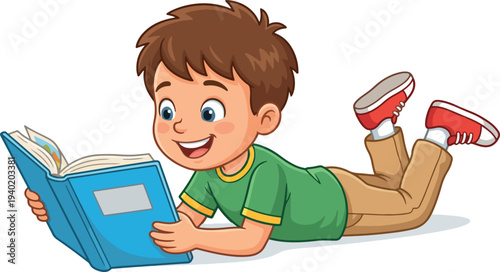 Cartoon child lying on stomach reading Wonderland Adventures book, cheerful learning imagination fantasy literature