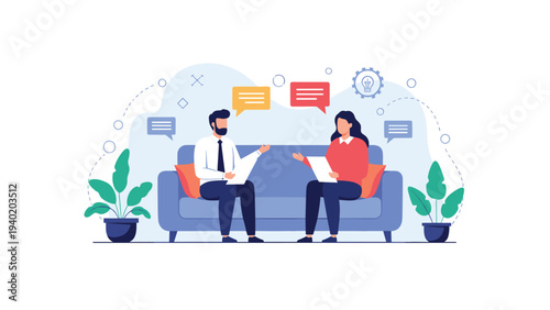 Two diverse individuals engaged in a productive discussion while sitting comfortably on a sofa, with chat bubbles indicating communication and idea exchange.