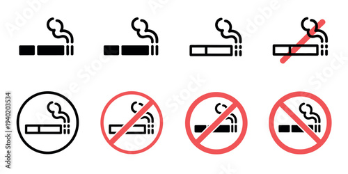 No Smoking Symbol Vector Set Featuring Cigarette Ban Sign, Do Not Smoke Warning Icon and Prohibition Label for Public Areas
