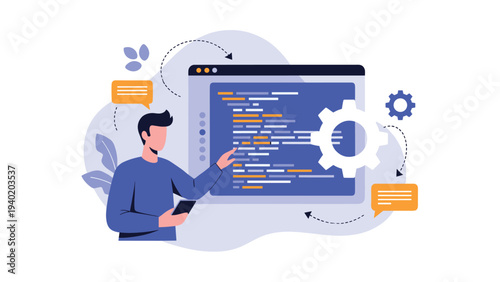 Man presenting complex code and a gear icon on a large screen, symbolizing software development, programming, and system optimization processes.
