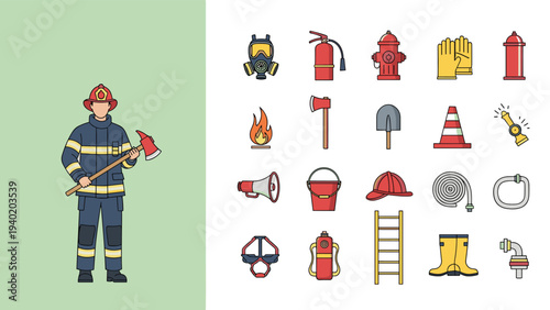 Illustration of a firefighter standing with an axe alongside a collection of flat line icons representing various essential fire safety equipment.