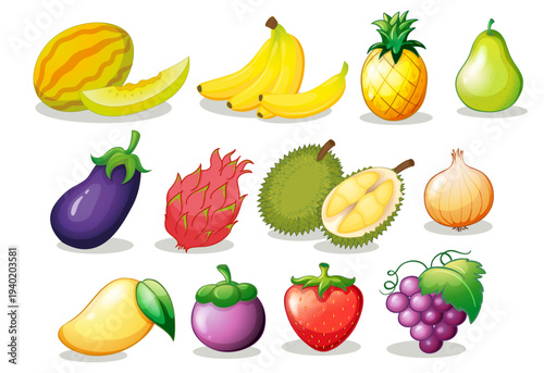 Vibrant Set of 15 Assorted Fruits and Vegetables Vector Illustrations, Including Melon, Banana, Pineapple, Eggplant, Dragon Fruit, and Mango, for Healthy Eating and Food Concepts