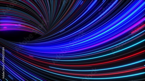 Abstract neon light trails with curved wave motion and glowing blue and pink lines.