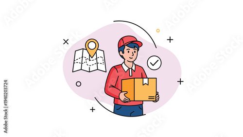 Smiling delivery man holding a package with a map pin and checkmark icon nearby, symbolizing efficient parcel delivery and reliable logistics services.