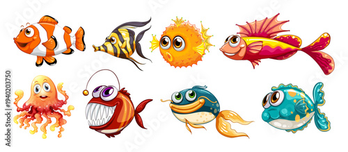 Set of 8 Cute Cartoon Ocean Fish and Sea Creatures Vector Illustrations for Kids' Designs, Education, and Aquatic Themes