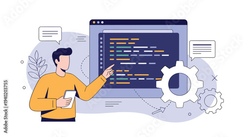 Man explaining complex coding structures and a gear icon on a large screen, symbolizing software development, programming education, and technical support.