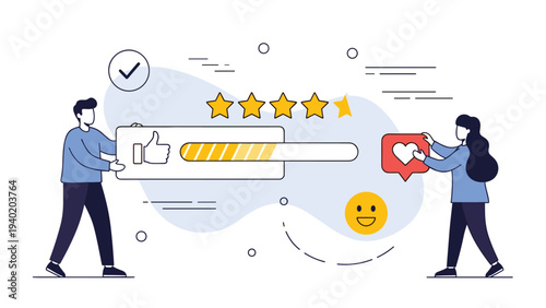 Two people collaboratively giving positive feedback, rating stars, and likes, symbolizing customer satisfaction, service review, and social media engagement.