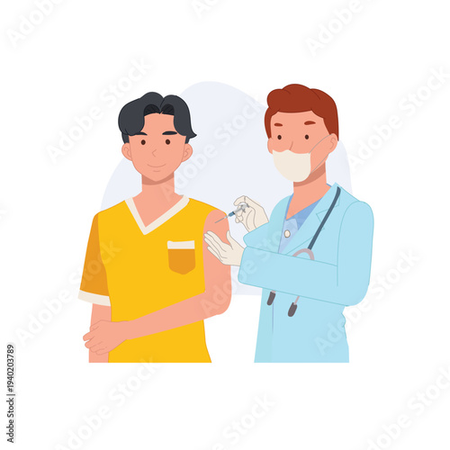 Doctor wearing mask gives vaccine injection to adult male patient in a clinic during a vaccination campaign