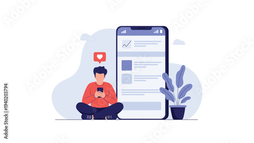 Young man sitting comfortably and engrossed in his smartphone, reflecting modern social media interaction, mobile browsing, and digital lifestyle.