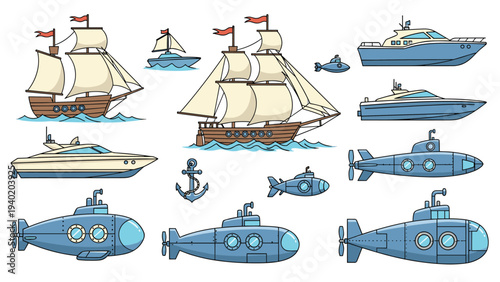 Comprehensive collection of diverse marine vessels, including traditional sailboats, modern yachts, and submarines, representing naval and leisure travel.
