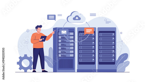 Man actively managing multiple server racks, indicating cloud computing, data center operations, and information technology infrastructure management.