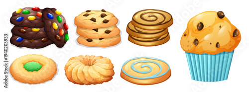Set of 8 Delicious Bakery Sweets Vector Icons: Chocolate Chip Cookies, M&M Cookies, Cinnamon Rolls, Muffin, and Assorted Biscuits for Dessert Menus and Snack Graphics