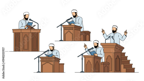 Collection of illustrations depicting a Muslim man giving a sermon or lecture from a podium, symbolizing religious teaching and public speaking.