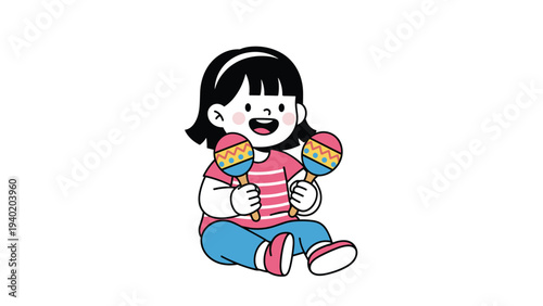 Adorable and happy little girl sitting and joyfully playing with two colorful maracas, symbolizing childhood fun, music, and playful activities.