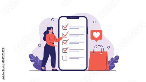Woman diligently checking off items on a long to-do list displayed on a smartphone screen, indicating online shopping, task management, and mobile retail.