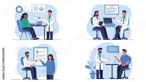 Four separate illustrations depicting doctors consulting with diverse patients in various medical settings, highlighting healthcare, communication, and examinations.