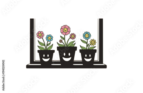 Window Sill with Smiley Pot Silhouette, Funny Home Decor Vector Sticker, Whimsical Flower and Happy Aesthetic Illustration