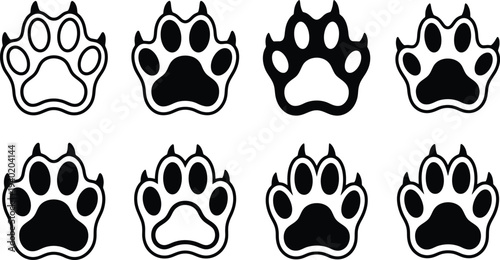 Set of black and white animal paw print icons in various styles and designs for digital use