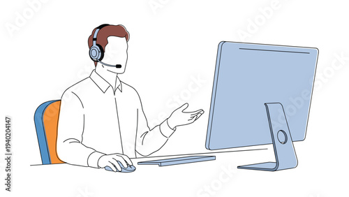 Man with a headset actively working at a computer, providing customer support or online consultation services, symbolizing remote assistance.