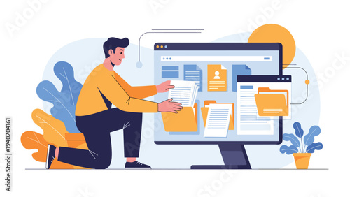 Man efficiently organizing digital documents and files on a large computer screen, symbolizing data management, archiving, and digital organization solutions.