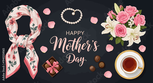 Elegant Mother's Day flat lay with silk scarf, fresh roses, lilies, pearl necklace, and gourmet chocolates for a heartfelt celebration