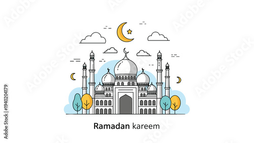 Elegant Ramadan Kareem greeting design featuring a beautifully illustrated mosque, crescent moon, stars, and trees, for festive spiritual celebration.