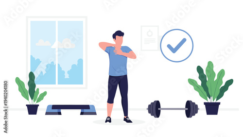 Young man performing stretching exercises at home, surrounded by gym equipment, emphasizing home fitness, wellness, and a disciplined workout routine.