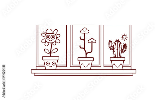 Window Sill with Smiley Pot Silhouette, Funny Home Decor Vector Sticker, Whimsical Flower and Happy Aesthetic Illustration