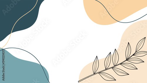 Artistic abstract background featuring flowing organic shapes in blue and beige tones, complemented by a delicate line art outline of a plant branch.