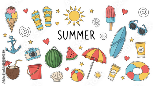 Playful collection of hand-drawn doodle icons representing various summer vacation essentials, including ice cream, beach items, and sun, for holiday designs.