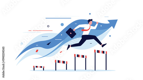 Determined businessman energetically jumping over hurdles with an upward arrow in the background, symbolizing overcoming challenges and achieving business success.