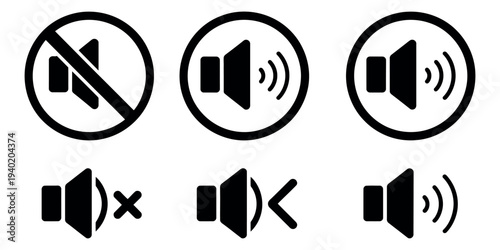 No Speaker Sound Vector Icon Set with Red and Green Circle Mute and Unmute Buttons for Silence, Allow and Prohibit Audio Control