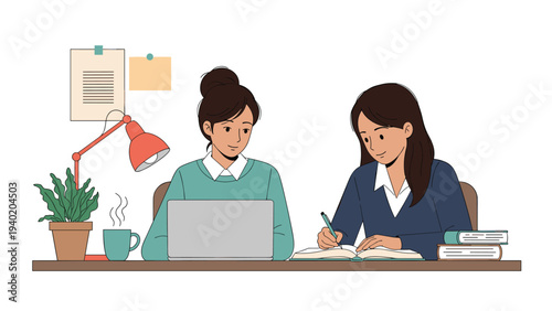 Two focused women diligently studying and working together at a shared desk with laptops and books, symbolizing collaboration, education, and productivity.