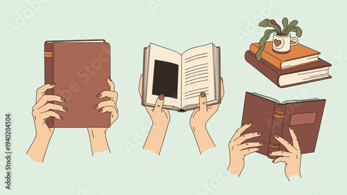 Collection of illustrations showing hands holding open and closed books, alongside a stack of books with a plant, symbolizing reading and knowledge.