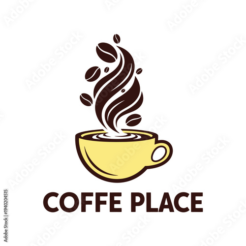 Coffee Place Logo - Aromatic Coffee Cup with Rising Steam and Coffee Beans.