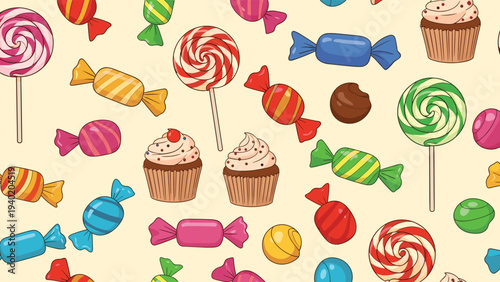 Delightful seamless pattern filled with an assortment of colorful candies, lollipops, and cupcakes, creating a cheerful and sweet background design.