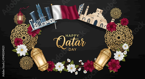 Festive national day illustration with iconic Middle Eastern architecture, prominent flag, traditional lanterns, and elegant floral patterns