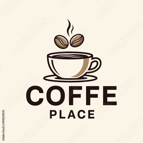 Coffee Place Logo - Aromatic Coffee Cup with Floating Beans, Perfect for Cafe Branding.