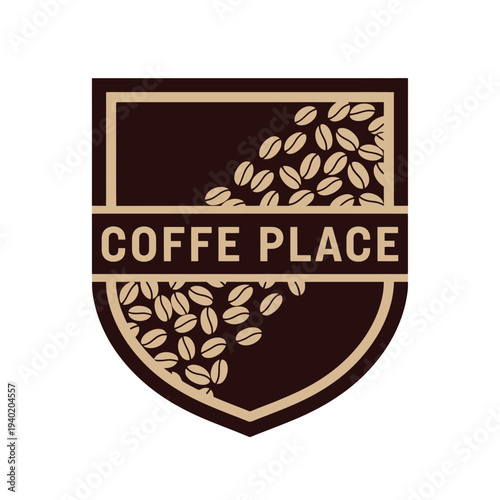 Coffee Place Logo - Shield Design with Coffee Beans and Text.
