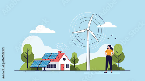 Woman standing confidently next to a house equipped with solar panels and a large wind turbine, symbolizing sustainable energy and green living.