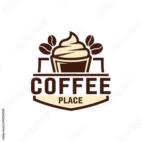 Coffee Place Logo with Coffee Cup and Beans, Perfect for Cafe Branding.